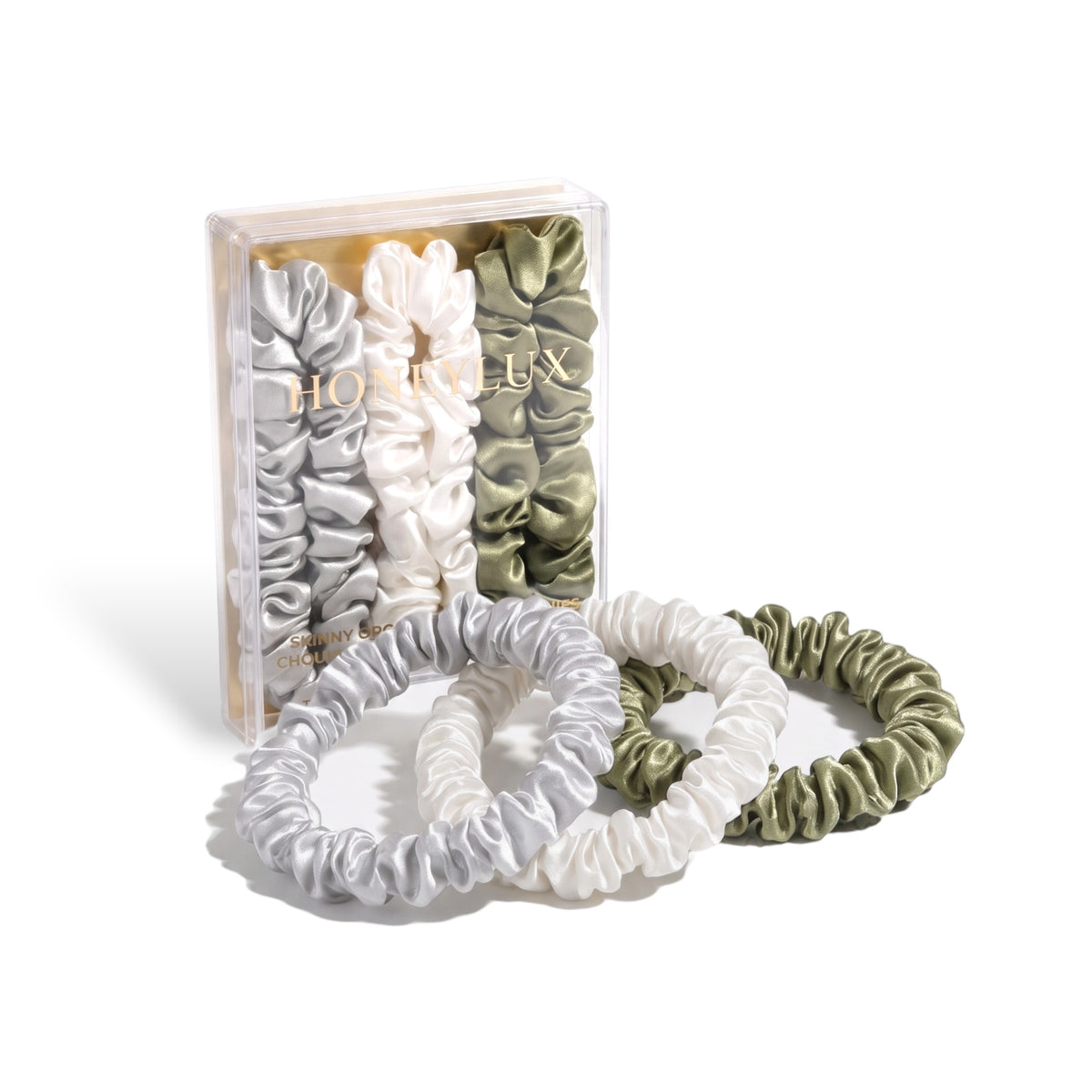 Mist skinny organic silk scrunchie set in silver, white and sage green with its HoneyLux box