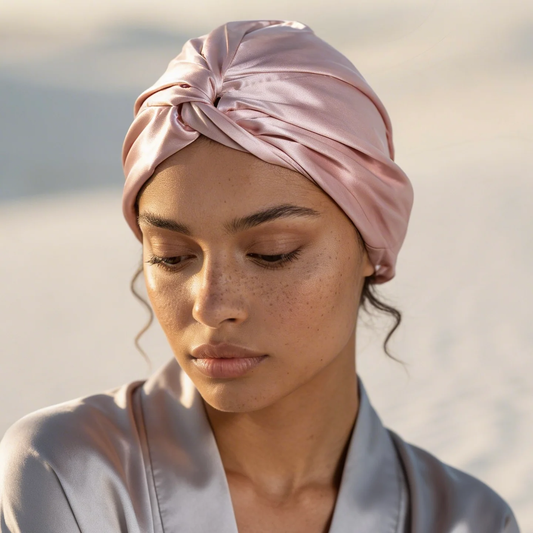 An organic silk hair bonnet available at HoneyLux