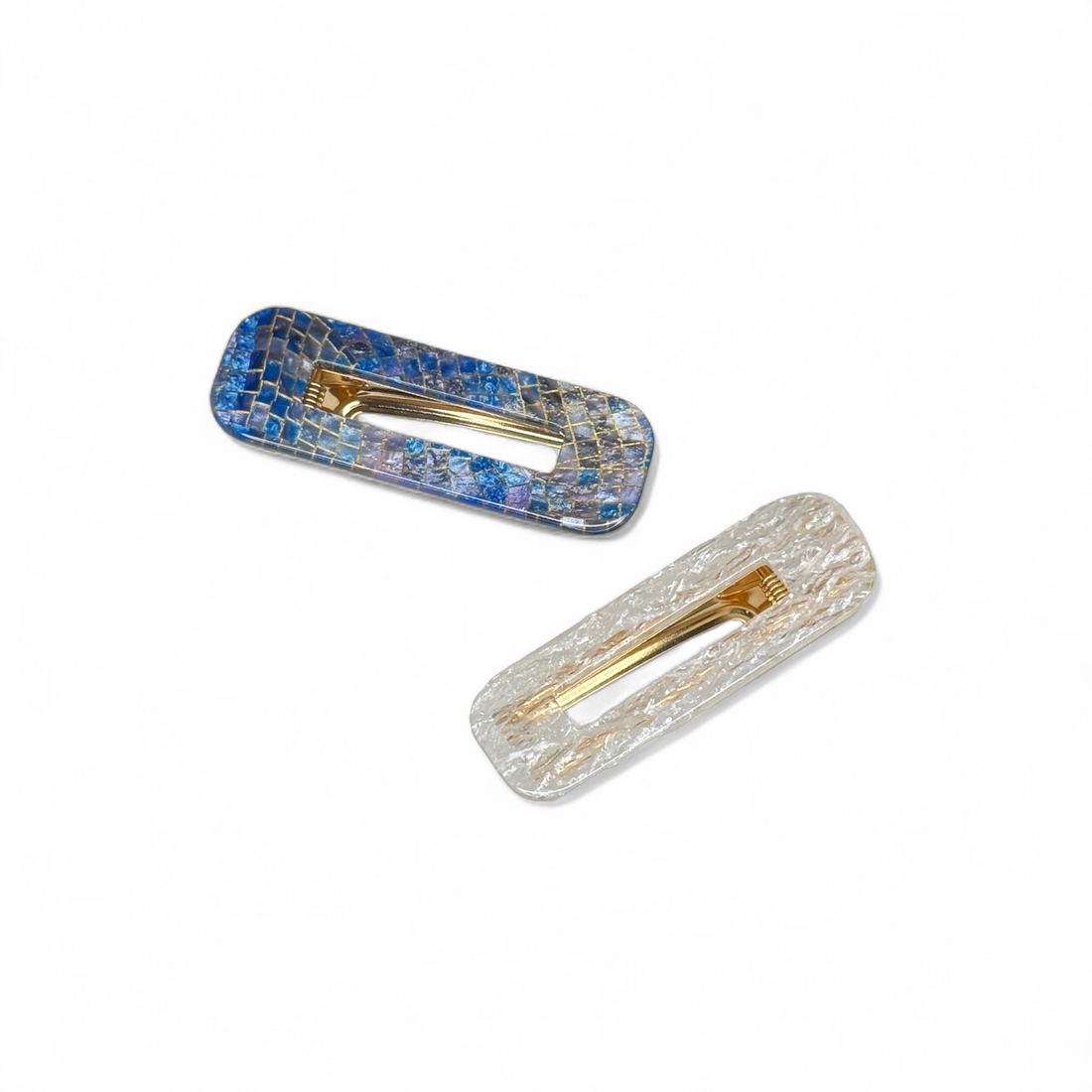 Two mosaic-pattern rectangular hair clips