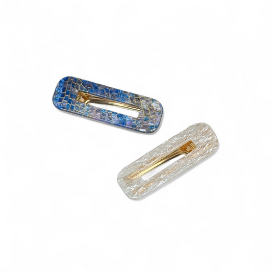 Two mosaic-pattern rectangular hair clips