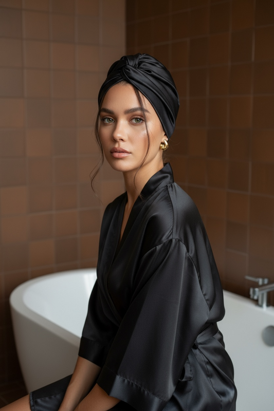 Woman in black silk robe and turban