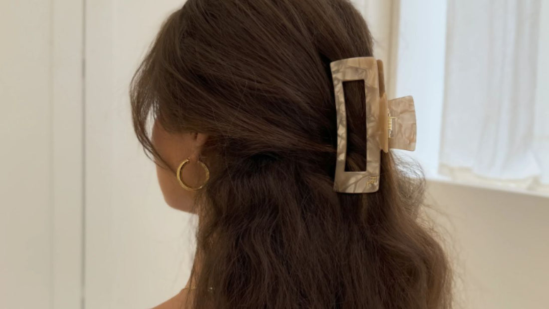 A large claw clip made out of acetate cellulose available at HoneyLux.