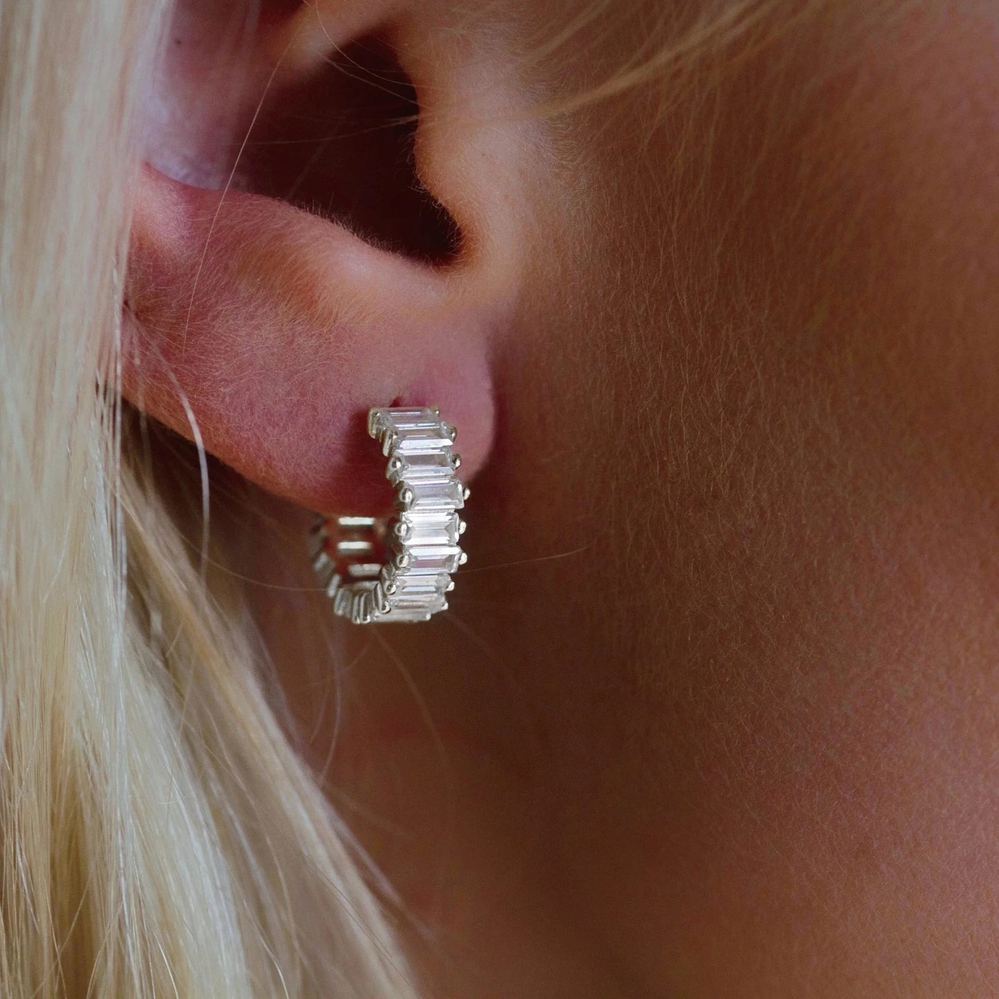 White Crystal Hoop Earrings - Silver