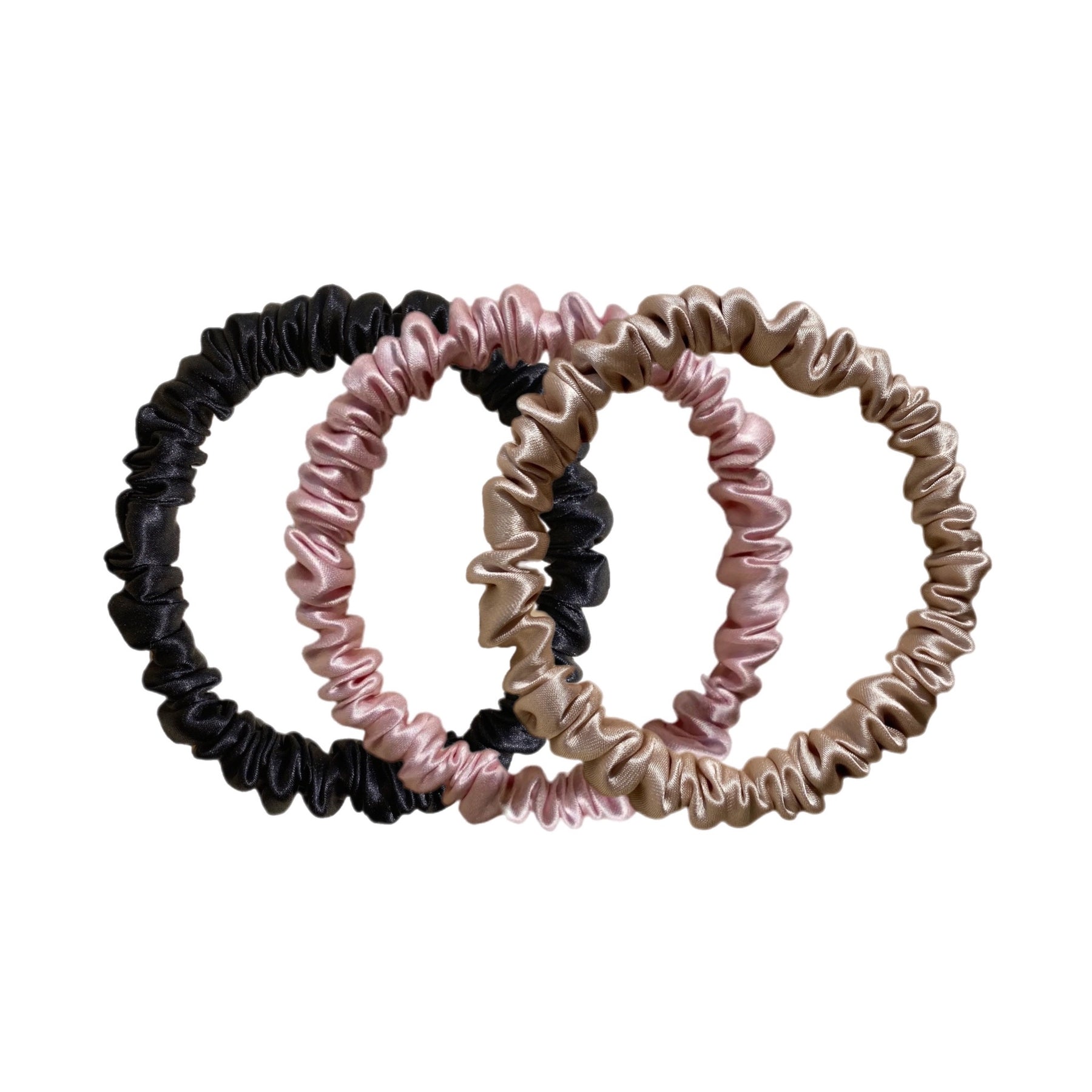 Scrunchie St Skinny Silk Scrunchie Set - Black, Champagne, Pink – HoneyLux Co