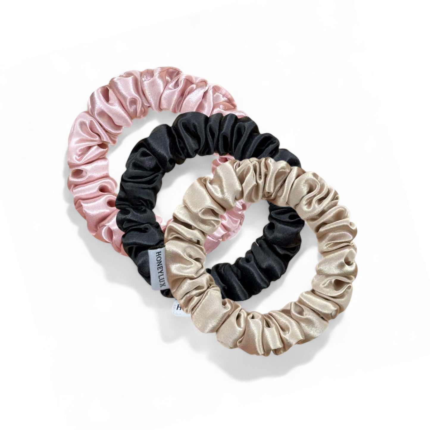 Silk Mini Scrunchie Set - Pink, Champagne, Black